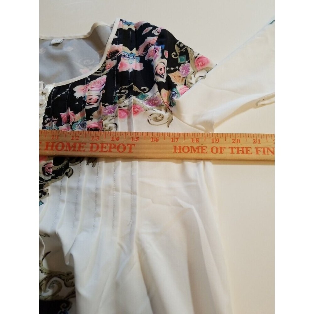 Women's Blouse Top M Ruffled Frill Sleeve Pintucked Black White Floral Silky - Picture 8 of 10